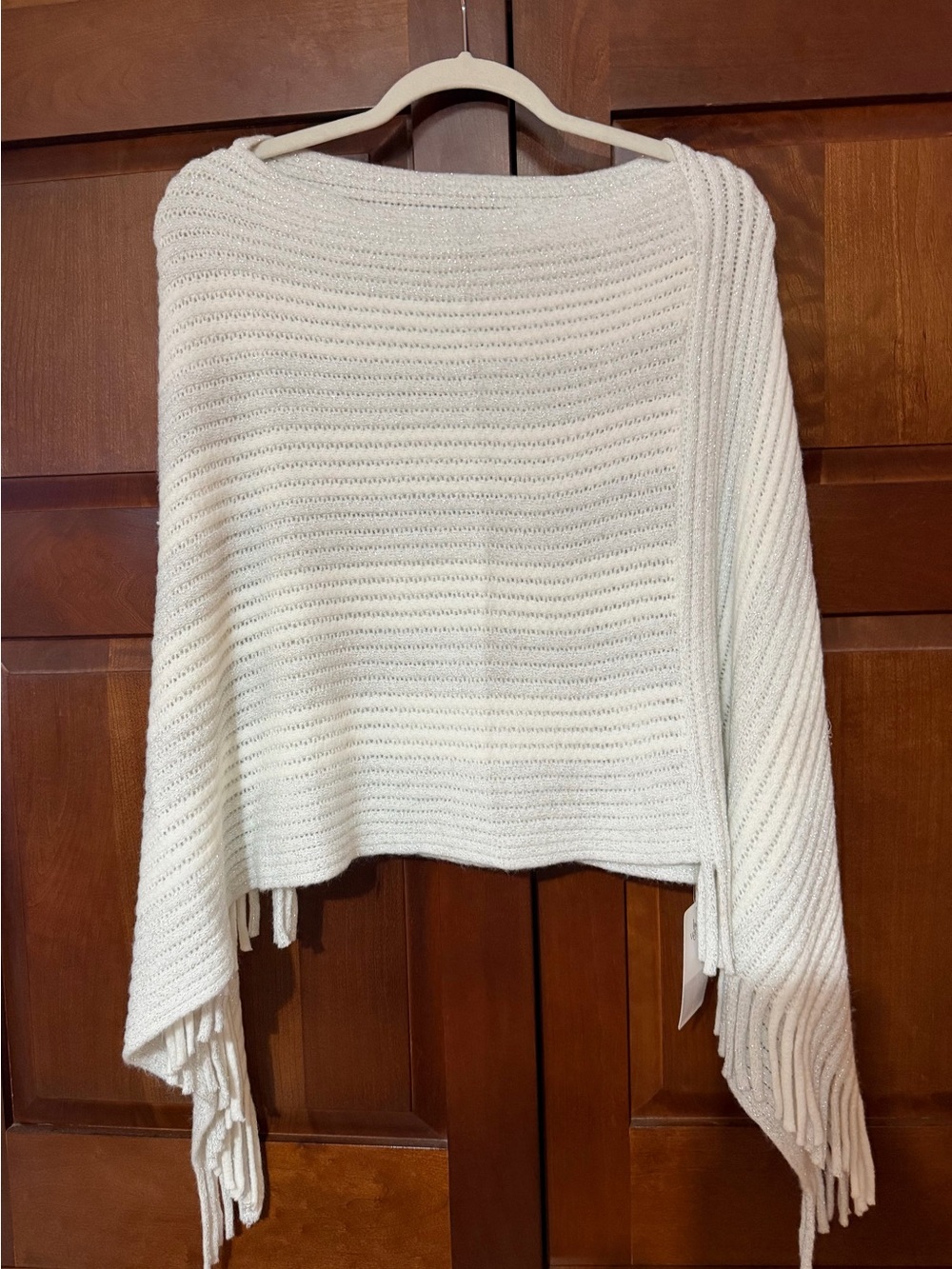 NWT Fringed Poncho Shawl White * One Size Fits Most * Perfect for layering *